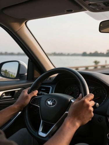 Close-up of hands on a steering wheel, Udaipur lakeside road visible through the windshield in soft afternoon light, dashboard edge framing the shot, warm ambient interior glow, no passengers visible — driver's perspective in motion
