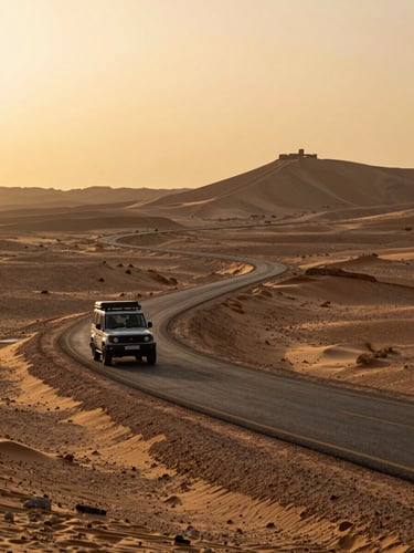 Wide landscape shot of a vehicle driving along a winding road through the Thar Desert at golden hour, fort silhouette on a distant ridge to the right, expansive sandy terrain stretching left