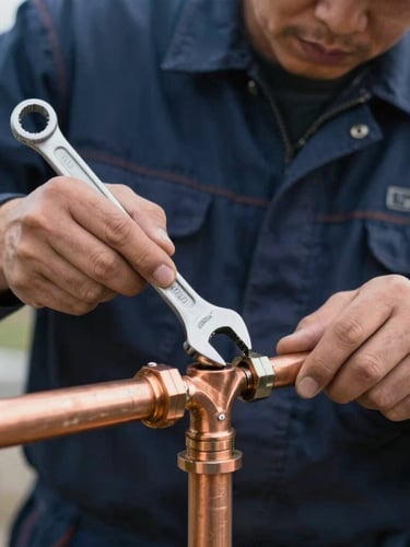 Close-up of a professional technician in a clean navy uniform using a steel wrench to tighten a copper pipe joint under bright daylight, focused technical framing.
