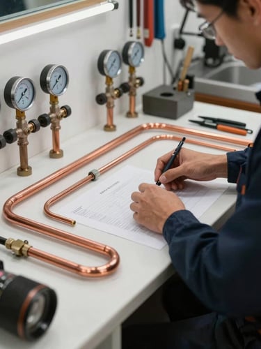 A clean, organized workshop counter at Dhana 1 Residence, featuring copper pipes, pressure gauges, and a technician in a dark blue uniform preparing materials.