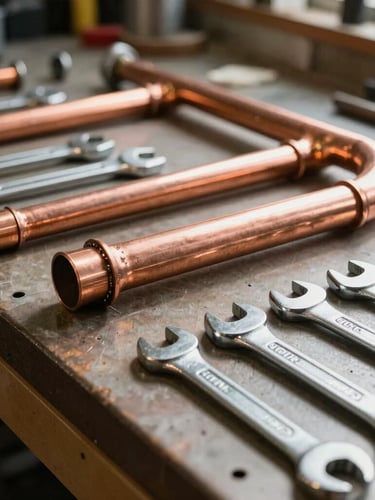 Bright natural daylight close-up of a professional workshop workbench with clean copper pipes and organized steel wrenches.