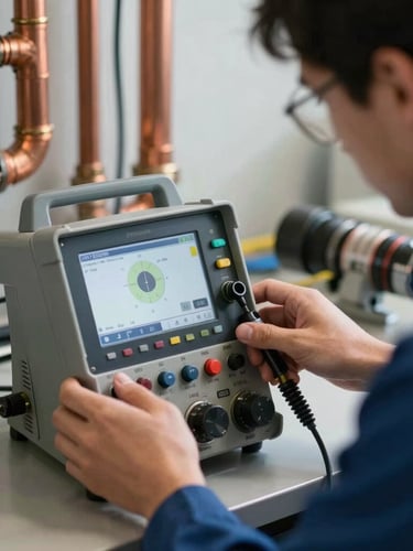 Close-up of a professional technician in a clean uniform adjusting a digital leak detection console, bright daylight, copper pipes visible in background