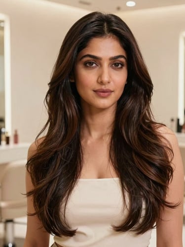 A professional Indian woman with voluminous, natural-looking long hair styling in a bright, modern luxury salon interior, soft beige tones, shallow depth of field, 85mm lens