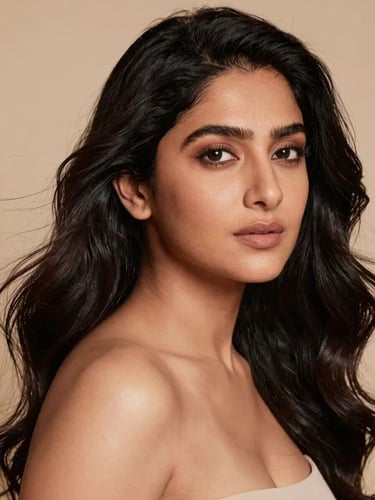 Close-up portrait of a professional Indian woman with voluminous, flowing black hair, elegant studio lighting, warm beige background, 85mm lens, shallow depth of field.