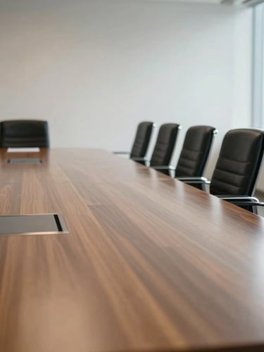 A close-up shot of a highly professional corporate training room in Riyadh, with natural light reflecting off a polished wooden conference table and modern minimalist chairs, clean lines, professional atmosphere.