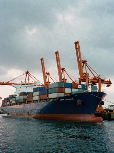 Wide-angle industrial film photography of a massive container ship docked at a port during dramatic overcast twilight, cool slate tones with sharp safety-orange cranes in the background, 35mm.