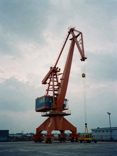Wide-angle industrial film photography of a massive crawler crane being rigged on a concrete pier under overcast twilight sky, desaturated cool tones with sharp safety orange rigging lines.