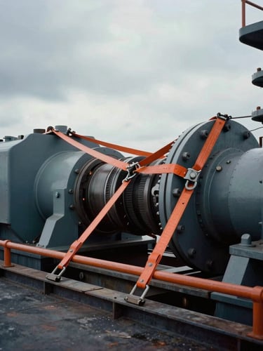 Close-up of heavy industrial machinery being secured with orange steel rigging on a cargo deck, dramatic overcast daylight, technical precision, 35mm film.