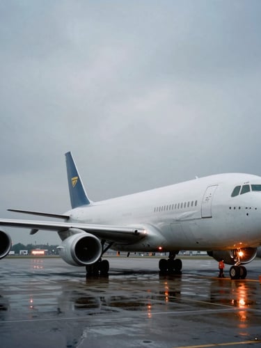 Wide-angle shot of a massive cargo plane on a wet tarmac at twilight, safety orange ground crew lights reflecting, industrial film photography style.
