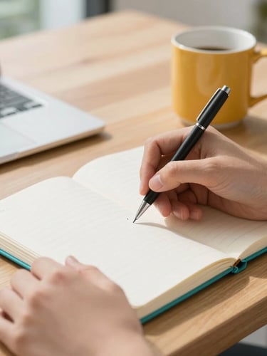 Close-up of hands writing structured notes in a clean journal on a wooden desk, warm mug nearby, bright natural daylight, modern minimalist setup, shallow depth of field.