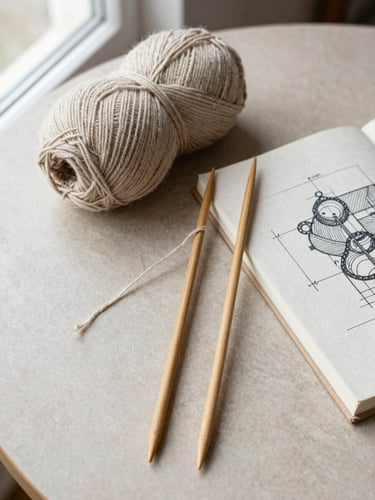 Overhead flatlay of natural wool yarn, handmade wooden knitting needles, and a linen blueprint notebook on an oatmeal-textured table, soft side light.