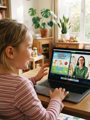 An over-the-shoulder shot of a cheerful 7-year-old child actively playing a game-based English lesson on a laptop, warm daylight, smiling native teacher visible on the screen, 35mm photography
