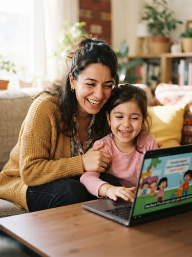A cheerful Turkish mother and her 6-year-old child smiling together at a laptop screen, bright warm high-key daylight, friendly atmosphere, shallow depth of field, 35mm