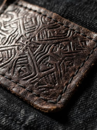 Macro photography of a thick debossed dark brown leather patch on a black denim jacket, hard directional side-lighting highlighting the deep engraved text and natural grain texture, 50mm lens