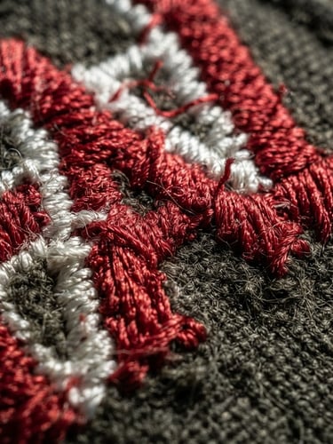 Extreme macro close-up of high-density embroidered patch thread weaves, hard side-lighting emphasizing deep texture and tight red and white stitching on a dark tactical canvas background.