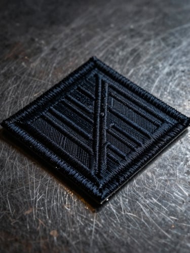 Flat-lay of a physical patch with merrowed borders on a weathered dark steel table, dramatic side-lighting highlighting the raised embroidered thread paths and sharp edges.