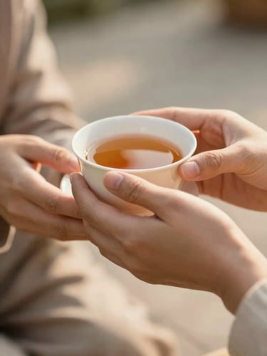 A close-up of hands offering a warm cup of tea to another person, soft golden-hour daylight, shallow depth of field, authentic human connection, warm editorial photography style.