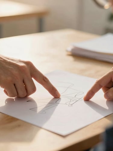 Close-up of a workshop leader's hands pointing to a clear, simple diagram on a table, warm golden-hour daylight, soft inviting tones, shallow depth of field.