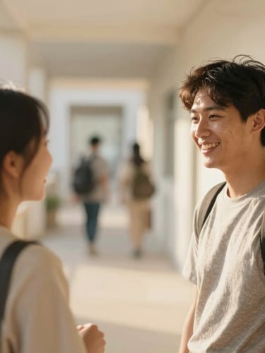 Two community partners smiling and talking in a sunlit hallway, warm editorial photography style, soft focus background.