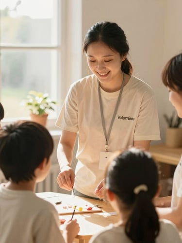 Warm environmental portrait of a community volunteer guiding a family in a sunlit room, natural daylight, soft focus, authentic connection.