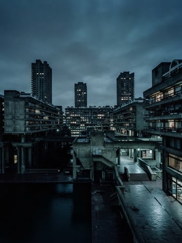 Wide panoramic brutalist concrete structure with sharp geometric lines and deep shadows, low-key lighting, cool blue and slate tones, 35mm
