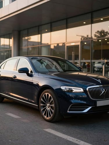 Sleek midnight navy executive sedan parked outside a modern terminal in BKC Mumbai, golden-hour urban light reflecting off polished chrome, 35mm automotive photography