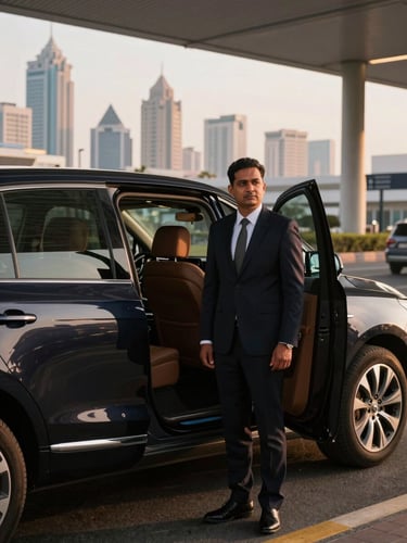 A professional chauffeur in clean formal attire standing beside an open passenger door of a luxury SUV at an airport terminal, modern Indian cityscape in background, golden hour