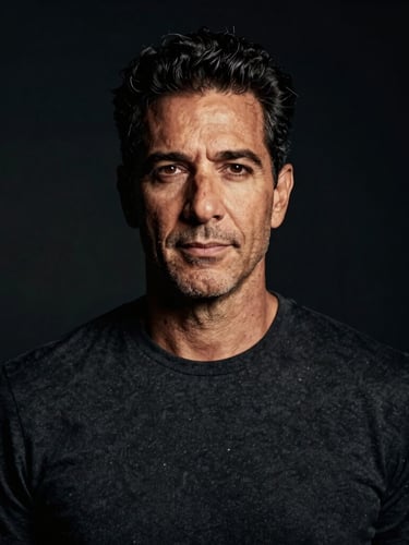 Low-key dramatic portrait of Beto Benfica, a mature man with an authoritative and confident expression, warm side-lighting, deep shadows, dark background, 85mm lens