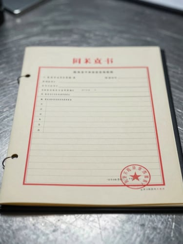 Stark documentary photography of a red-stamped legal document folder on a cold metal desk, harsh overhead office lighting, high contrast, desaturated tones