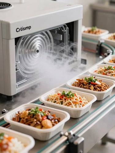 Crisp studio food photography showing a close-up of spiral shock-freezer technology with clean steel surfaces, cold mist, and neatly arranged packaged meals moving on a conveyor line