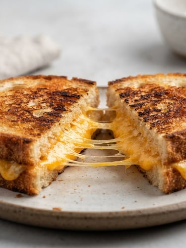 Close-up macro shot of a toasted sandwich cut in half, golden melted cheddar cheese stretching between the slices, crisp grill marks on sourdough bread, bright studio lighting, neutral background.