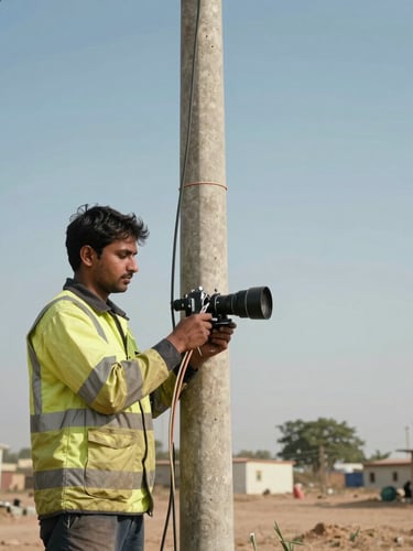 Technician in high-visibility safety gear splicing fiber-optic cable on a utility pole in a semi-arid Indian village, bright daylight, low-angle shot showing sky