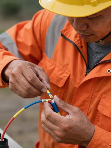 Close-up of a telecom technician in orange safety gear splicing fiber-optic cables outdoors under high-contrast natural daylight.