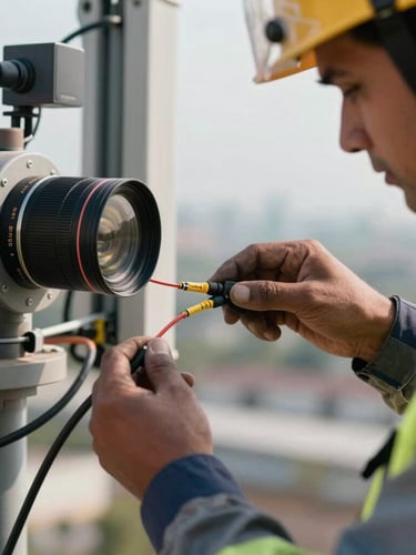 Close-up of an industrial telecom technician in safety gear splicing a fiber-optic cable outdoors, high-contrast daylight