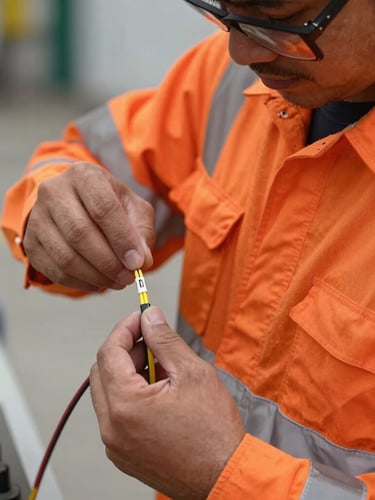 Close-up of a technician in high-visibility orange safety gear splicing a fiber-optic cable outdoors, bright natural daylight, shallow depth of field, industrial precision.