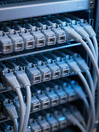 Macro shot of immaculate structured cabling in a server rack, cool blue LED lighting reflecting off organized cat6 cables