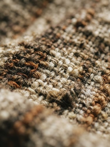 A tight macro shot of heavy raw flax weave in warm oat and deep umber tones, showcasing rich tactile texture under soft morning window light, shallow depth of field, 35mm