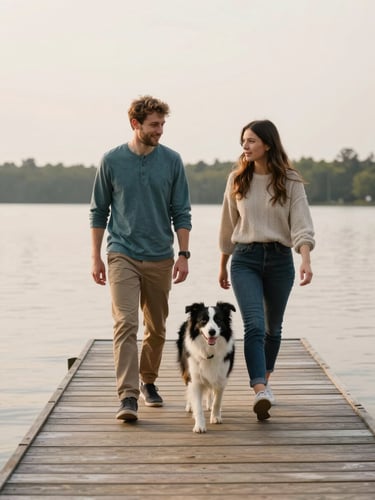 Two modern founders walking a happy border collie on a wooden lakeside dock in Ontario, soft overcast daylight, editorial style