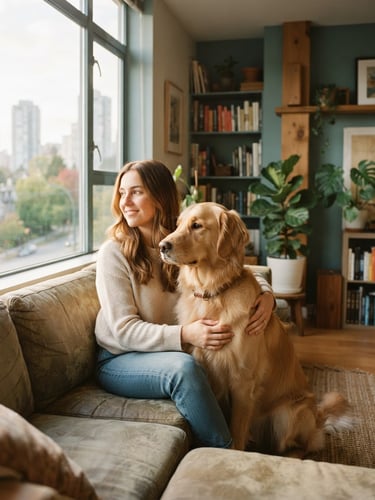 A serene golden retriever sitting beside its owner in a sunlit Vancouver apartment, soft natural morning light, warm editorial 35mm photography