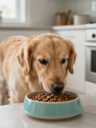 Close-up of a healthy golden retriever eating premium kibble from a ceramic bowl in a bright, modern Vancouver kitchen, soft morning light, editorial 35mm