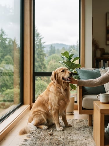 A modern Pacific Northwest apartment with soft morning light, a happy golden retriever sitting by a large window looking at its owner.
