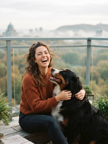Candid editorial portrait of a woman laughing with her Bernese Mountain Dog on a bright, modern balcony overlooking a misty Montreal park, soft natural daylight, shallow depth of field, 35mm.