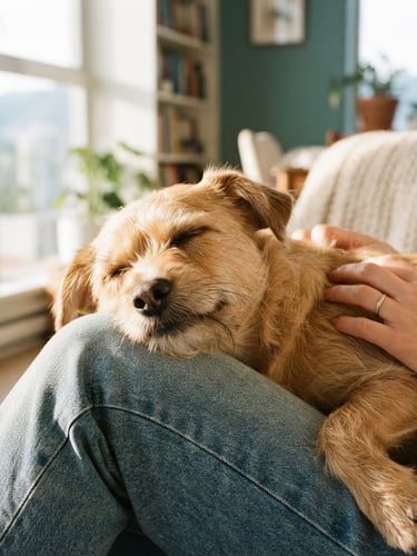 A warm close-up of a happy rescue dog resting its head on a person's knee inside a bright, sunlit modern apartment in Vancouver, soft natural daylight, shallow depth of field, 35mm.