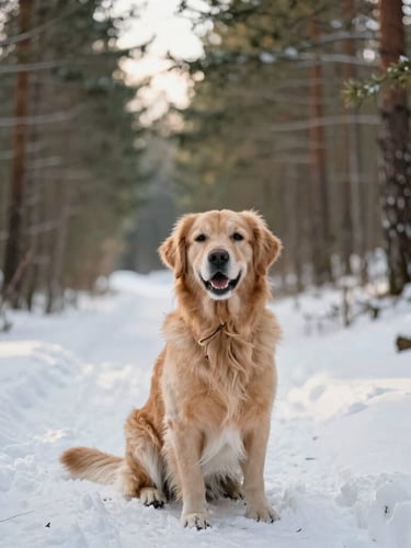 A golden retriever sitting happily on a snowy trail in a pine forest, warm winter sunlight filtering through trees, soft focus