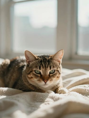 Candid close-up of a cat resting on a warm cream blanket in a sunlit Toronto loft, soft natural morning light.