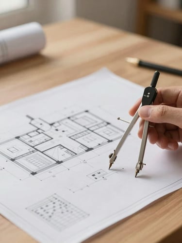 Detailed close-up of a technical architectural blueprint laid out on a clean oak desk, with a hand holding a drafting compass, soft diffused daylight, muted earth tones.