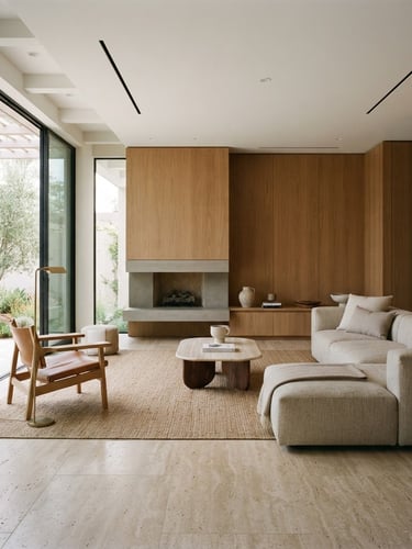 Wide shot of a minimalist, high-end interior living space, travertine flooring, oak paneling, soft diffused Southern California daylight, clean lines, 35mm architectural lens, no people.