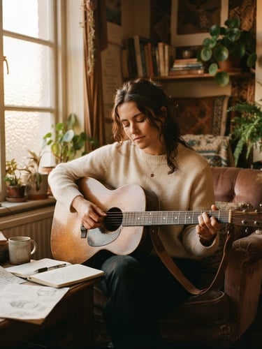 Warm cinematic photography, soft golden-hour window light, muted earthy tones, intimate depth of field, 35mm film grain. A solitary figure in soft light, perhaps playing an acoustic guitar, with handwritten journal pages and atmospheric textures in the background, off-center to the left, bleeding to the edge.