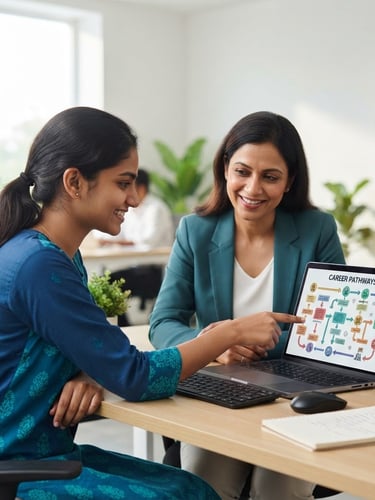 Bright professional photography of a 1:1 career counseling session in Guntur, a student and advisor looking at a laptop screen showing a structured career map, clean daylight, teal accents.