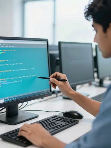 Close-up of a student writing clean code on a monitor in a bright Guntur computer lab, soft daylight, professional training environment